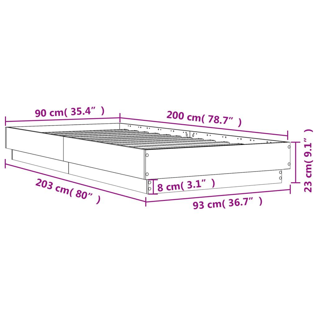 vidaXL Πλαίσιο Κρεβατιού με λυχνίες LED Γκρι sonoma 90 x 200 εκ.