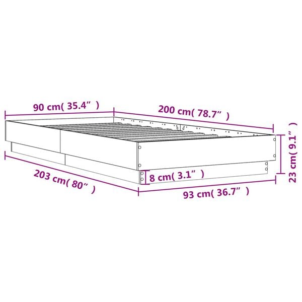 vidaXL Πλαίσιο Κρεβατιού με λυχνίες LED Γκρι sonoma 90 x 200 εκ.