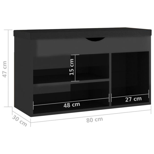 vidaXL Παπουτσοθήκη Γυαλ. Μαύρο 80x30x47 εκ. Επεξ. Ξύλο με Μαξιλάρι