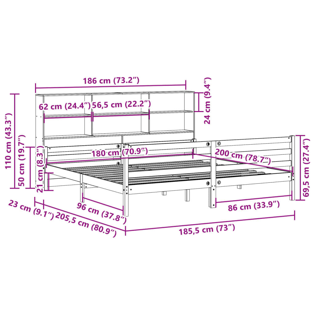vidaXL Κρεβάτι Βιβλιοθήκη Χωρίς Στρώμα 180x200 εκ Μασίφ Ξύλο Πεύκου