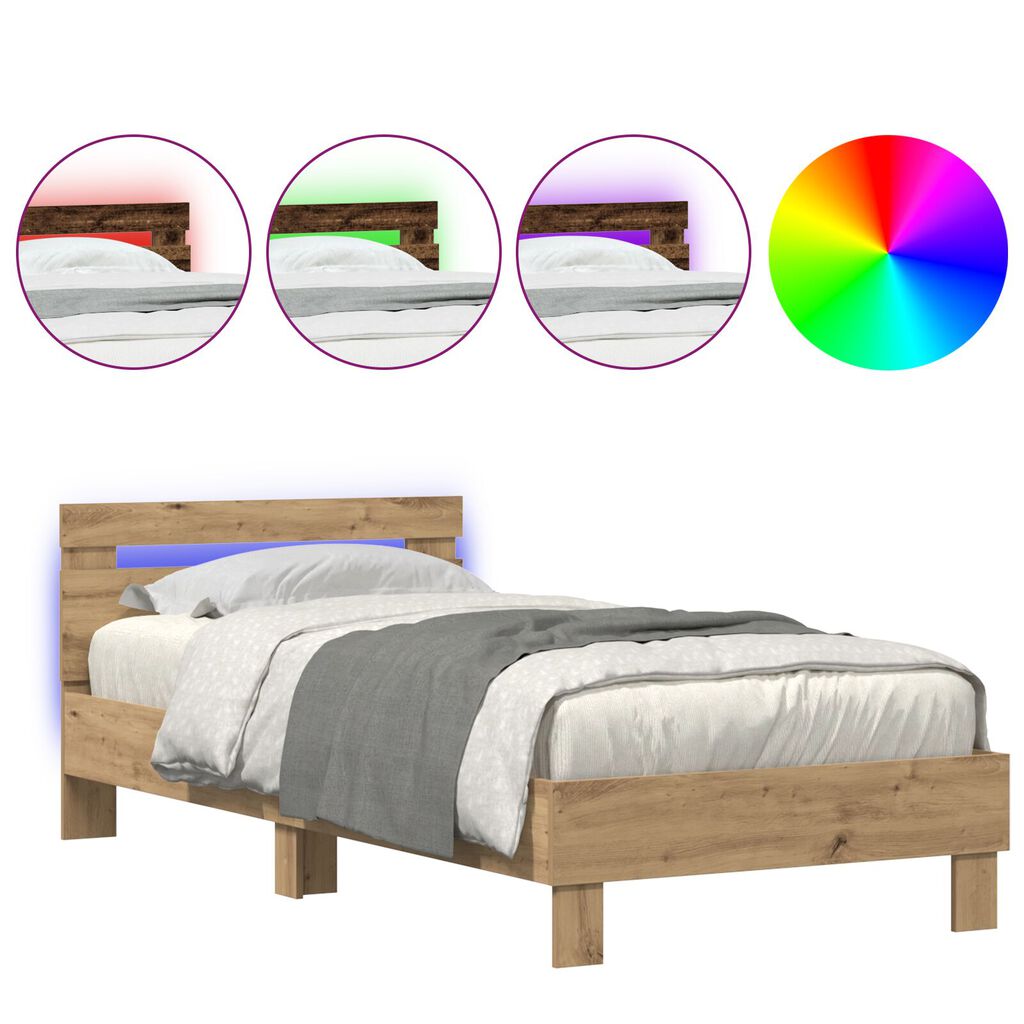 Bed Frame με LED Φώτα Artisan Oak 90x190 cm Κατασκευασμένο Ξύλο