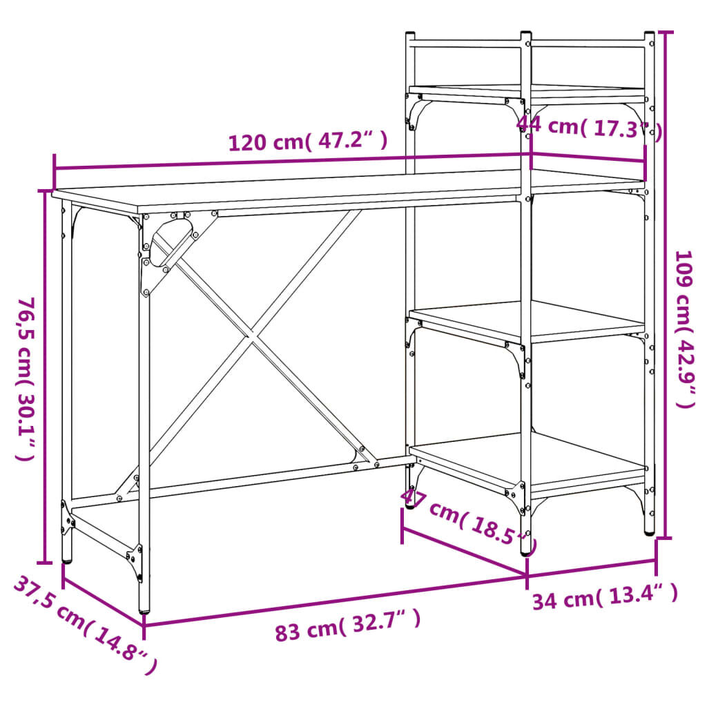 vidaXL Γραφείο Υπολογιστή με Ράφια Sonoma Δρυς 120 x 47 x 109 εκ.