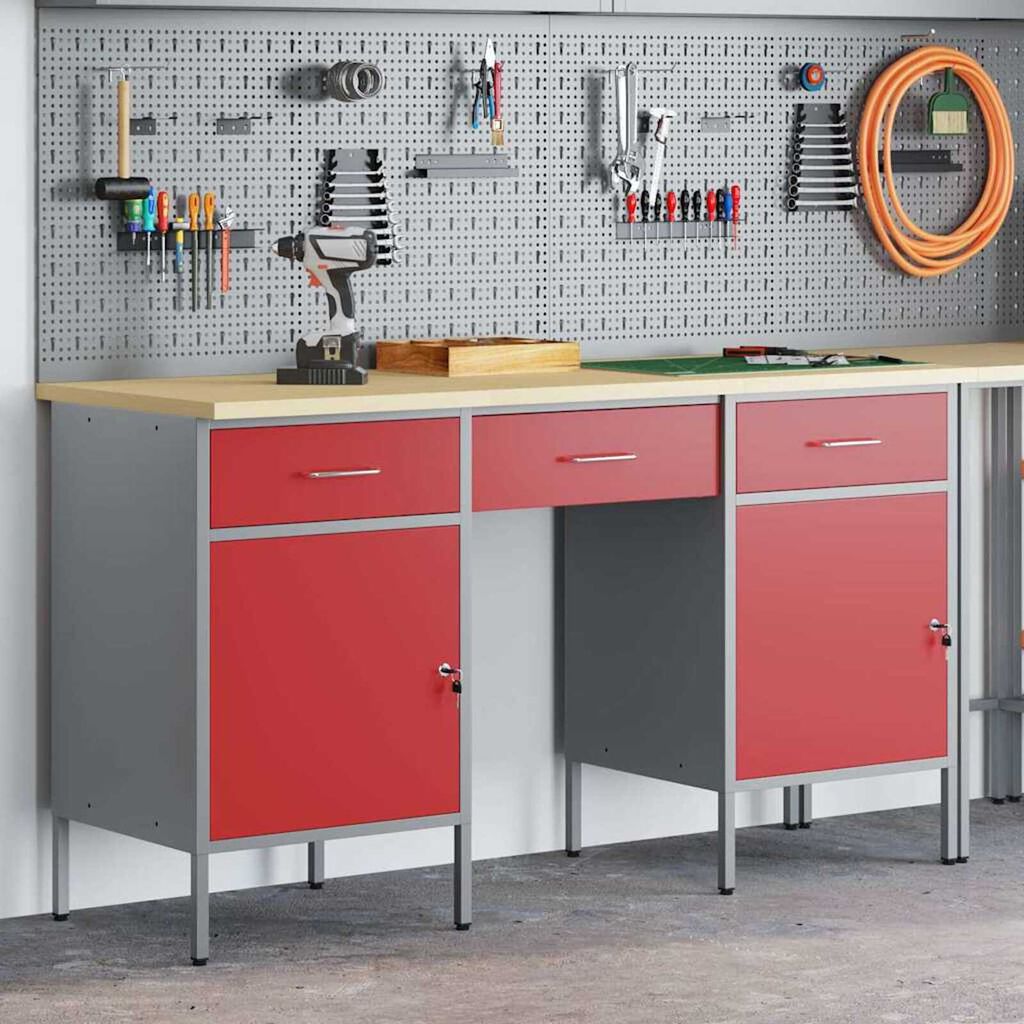 vidaXL Ντουλάπα Εργασίας με συρτάρι 3 pcs Κόκκινο 150 x 55 x 85 εκ