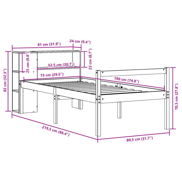 vidaXL Κρεβάτι Βιβλιοθήκη Χωρίς Στρώμα Καφέ 75x190 εκ Μασίφ Πεύκο