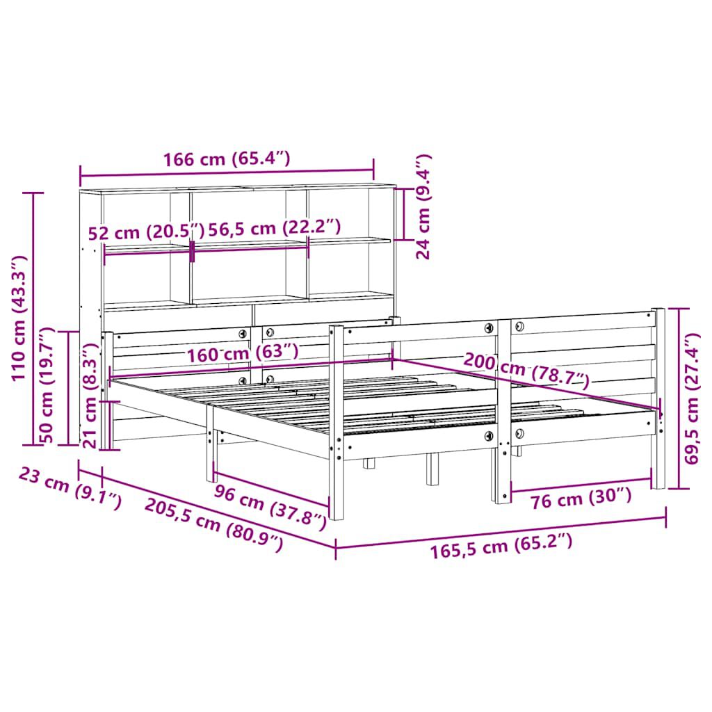 vidaXL Κρεβάτι Βιβλιοθήκη Χωρίς Στρώμα 160x200 εκ Μασίφ Ξύλο Πεύκου