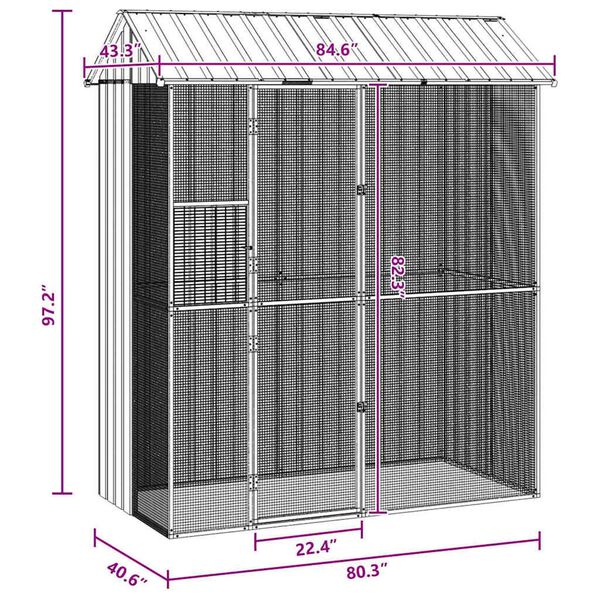 vidaXL Κλουβί Πουλιών Γκρι 215 x 110 x 247 εκ. Γαλβανισμένος χάλυβας