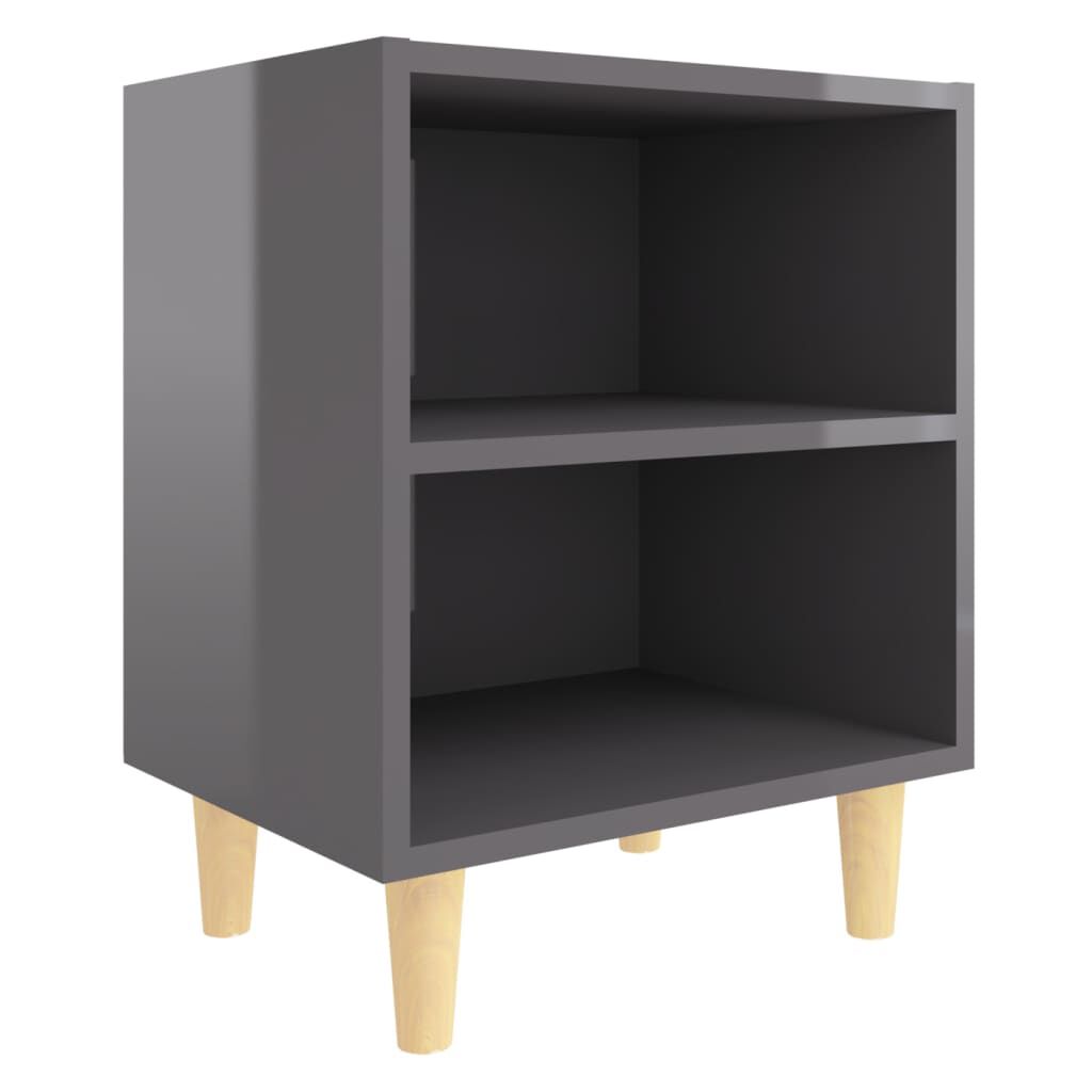 vidaXL Κομοδίνα 2 τεμ. Γυαλιστ. Γκρι 40x30x50εκ. με Μασίφ Ξύλινα Πόδια
