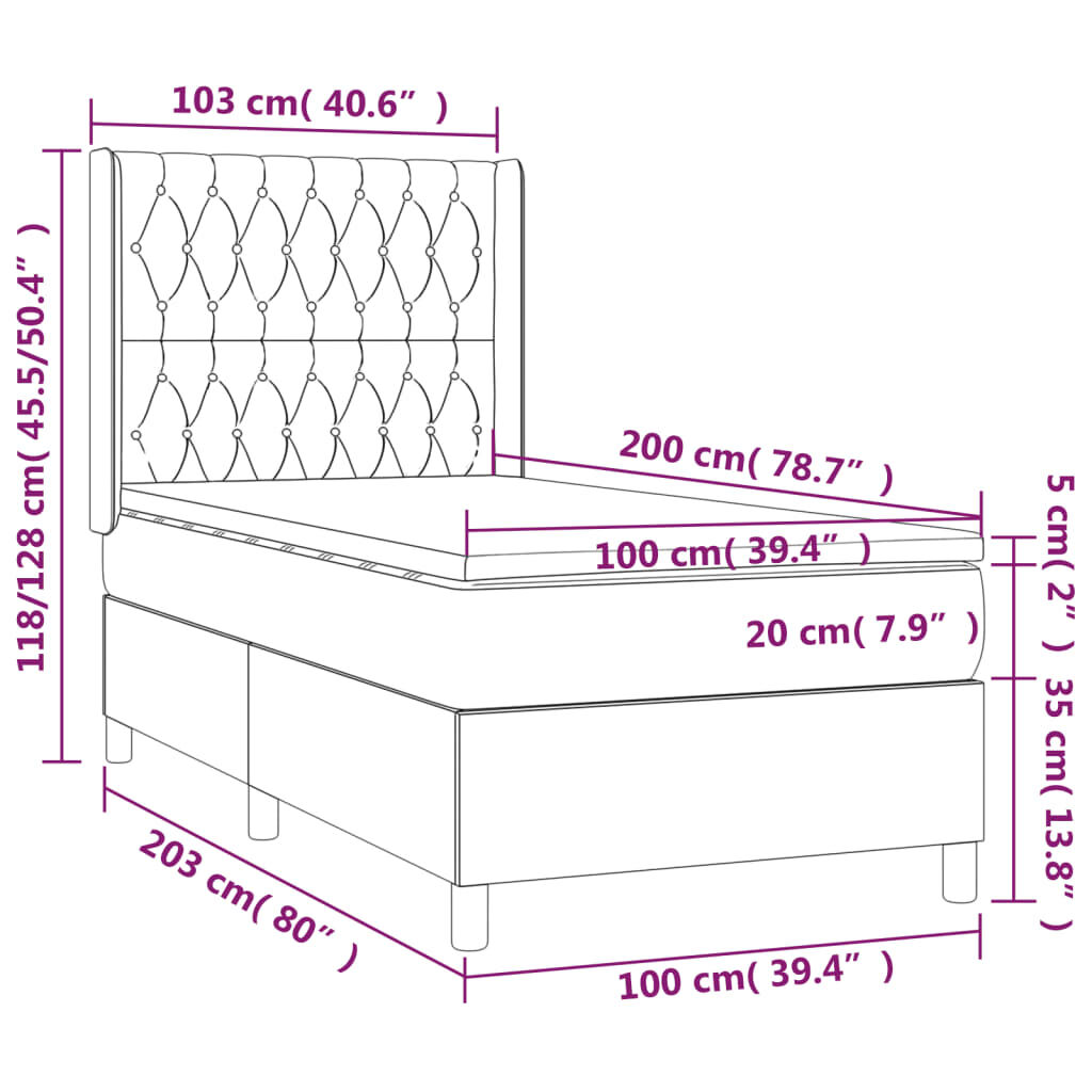 vidaXL Κρεβάτι Boxspring με Στρώμα & LED Μαύρο 100x200 εκ. Βελούδινο