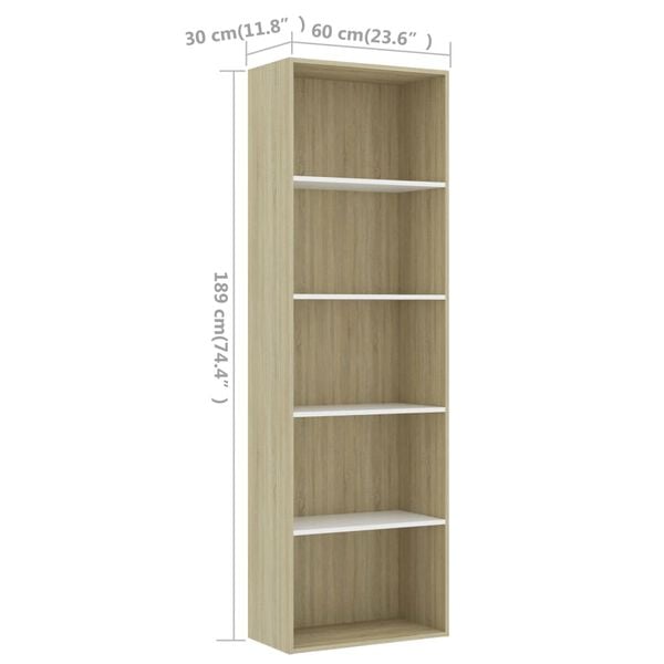 vidaXL Βιβλιοθήκη με 5 Ράφια Λευκό/Sonoma 60x30x189 εκ. Επεξ. Ξύλο