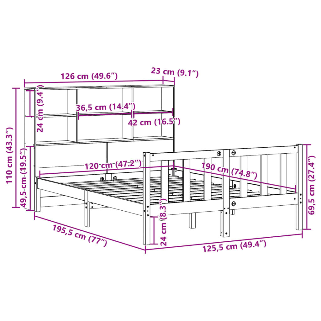 vidaXL Κρεβάτι Βιβλιοθήκη Χωρίς Στρώμα 120x190 εκ Μασίφ Ξύλο Πεύκου