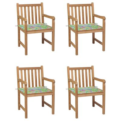 vidaXL Καρέκλες Κήπου 4 τεμ. Ξύλο Teak & Μαξιλάρια με Σχέδιο Φύλλων