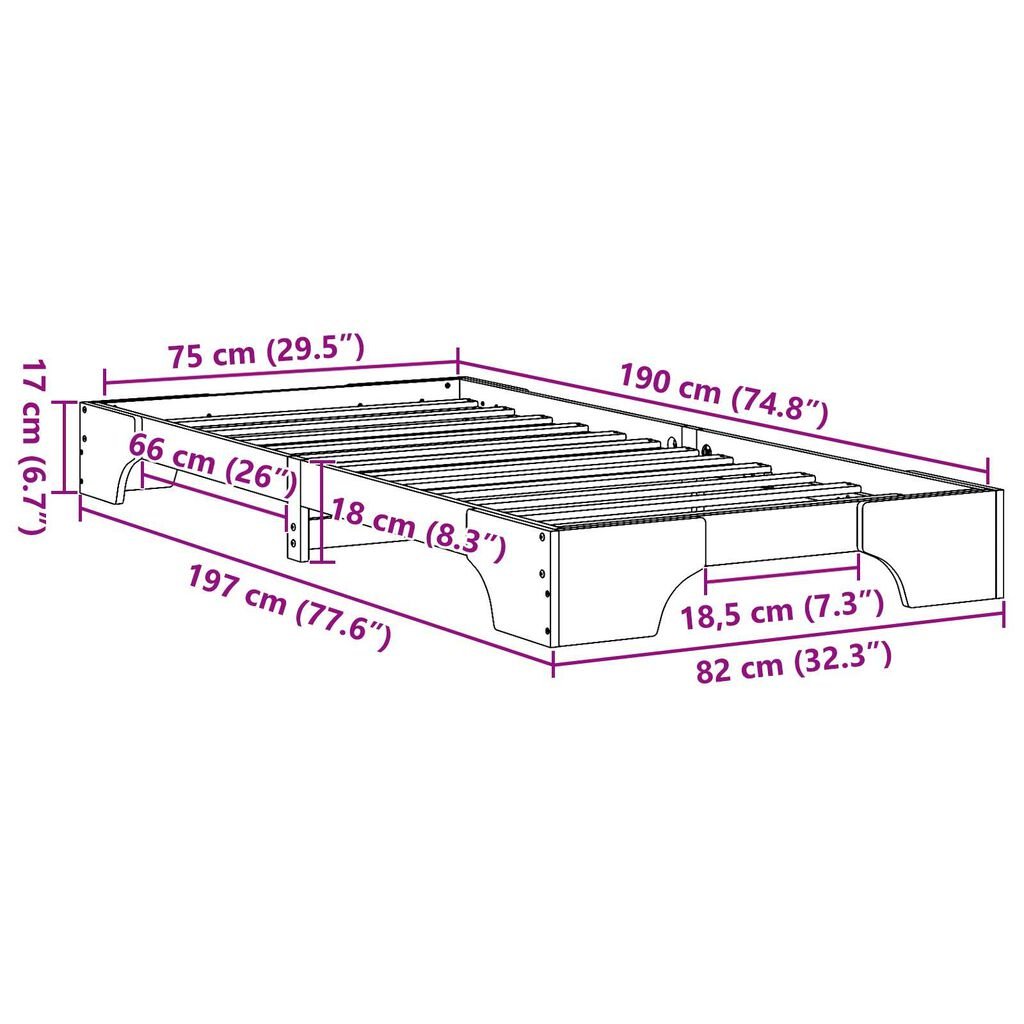 vidaXL Κρεβάτι Φυσικό Μασίφ Ξύλο Πεύκου 75 x 190 εκ. Απλό Κρεβάτι