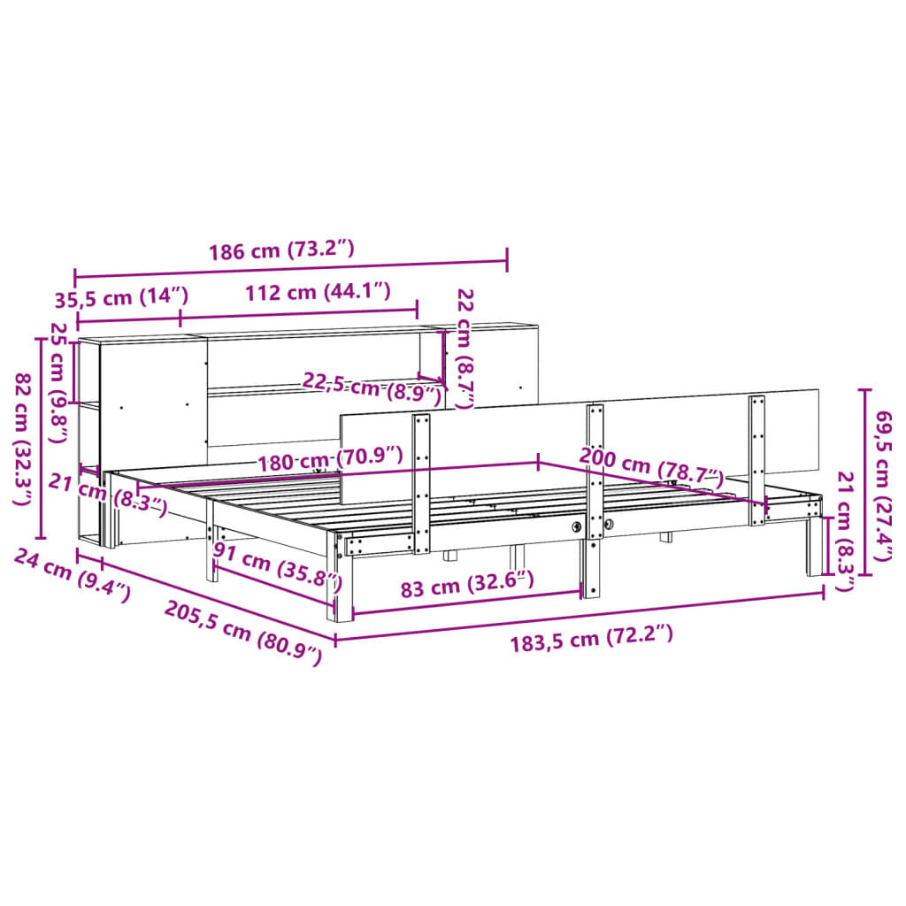 vidaXL Κρεβάτι Βιβλιοθήκη Χωρίς Στρώμα 180x200 εκ Μασίφ Ξύλο Πεύκου