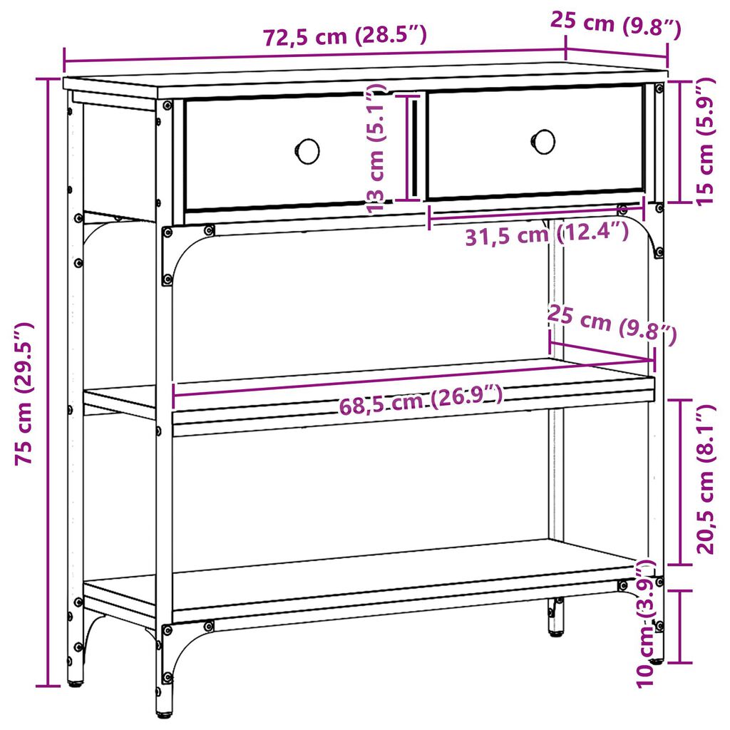 vidaXL Κονσόλα Ξύλινη 72,5x25x75 εκ. Κατασκευασμένο από Ξύλο & Ατσάλι