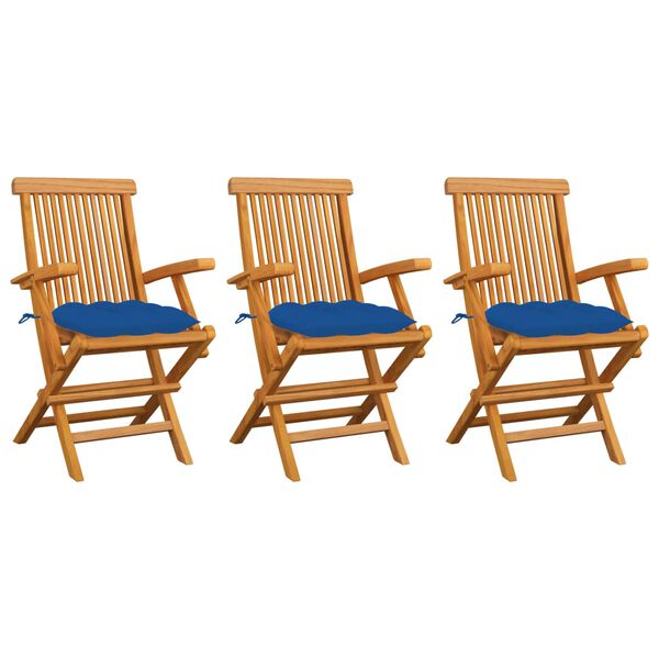 vidaXL Καρέκλες Κήπου 3 τεμ. από Μασίφ Ξύλο Teak με Μπλε Μαξιλάρια