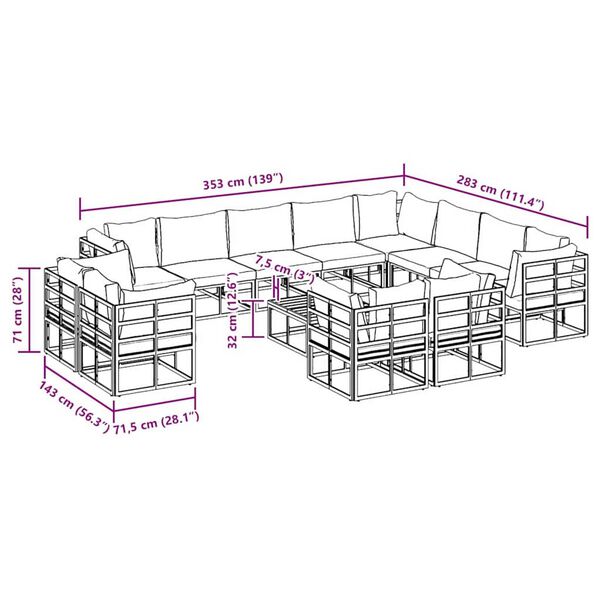 vidaXL Σετ Καναπέ Κήπου με μαξιλάρι 13 pcs Μαύρο Αλουμίνιο