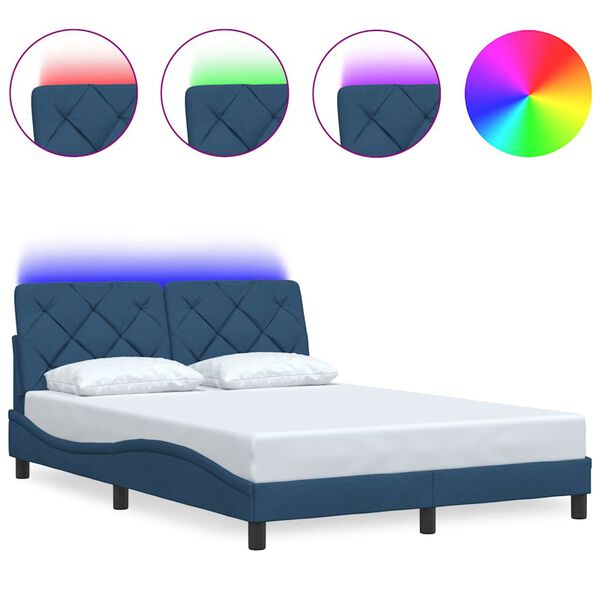 vidaXL Πλαίσιο κρεβατιού με LED χωρίς στρώμα Μπλε 140x190 cm Ύφασμα