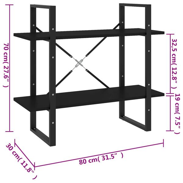 vidaXL Βιβλιοθήκη με 2 Ράφια Μαύρη 80 x 30 x 70 εκ. από Επεξ. Ξύλο