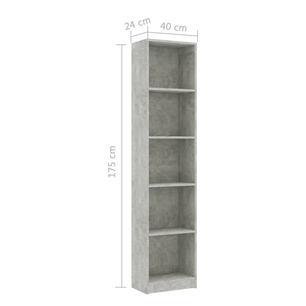 vidaXL Βιβλιοθήκη με 5 Ράφια Γκρι Σκυροδέμ. 40x24x175 εκ. Επεξ. Ξύλο