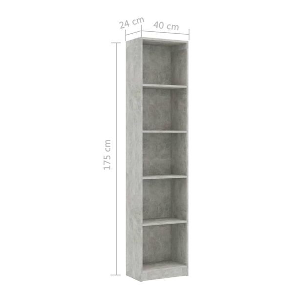 vidaXL Βιβλιοθήκη με 5 Ράφια Γκρι Σκυροδέμ. 40x24x175 εκ. Επεξ. Ξύλο