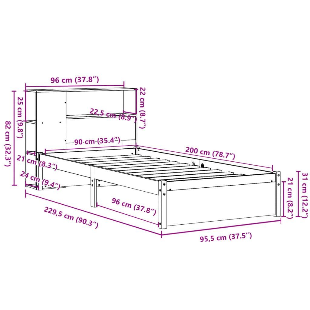 vidaXL Κρεβάτι Βιβλιοθήκη Χωρίς Στρώμα 90x200 εκ Μασίφ Ξύλο Πεύκου
