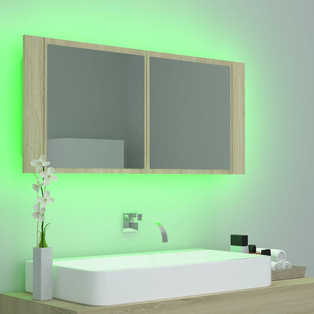 vidaXL Ντουλάπι Μπάνιου με Καθρέφτη & LED Sonoma Δρυς Ακρυλικός
