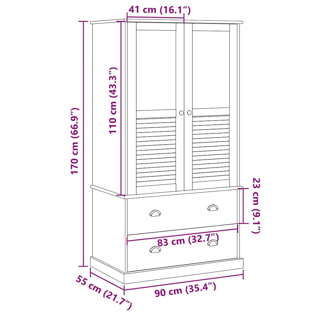 vidaXL Ντουλάπα VIGO Λευκή 90 x 55 x 170 εκ. από Μασίφ Ξύλο Πεύκου