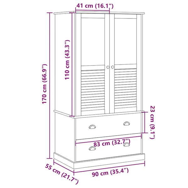 vidaXL Ντουλάπα VIGO Λευκή 90 x 55 x 170 εκ. από Μασίφ Ξύλο Πεύκου