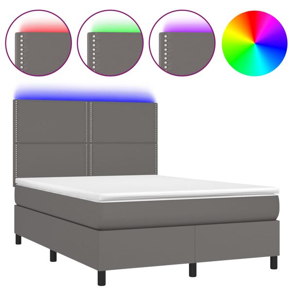 vidaXL Κρεβάτι Boxspring με Στρώμα & LED Γκρι 140x190 εκ. Συνθ. Δέρμα