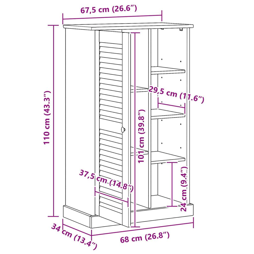vidaXL Ντουλάπι Μπάνιου Λευκό 68 x 34 x 110 εκ. Μασίφ ξύλο πεύκου