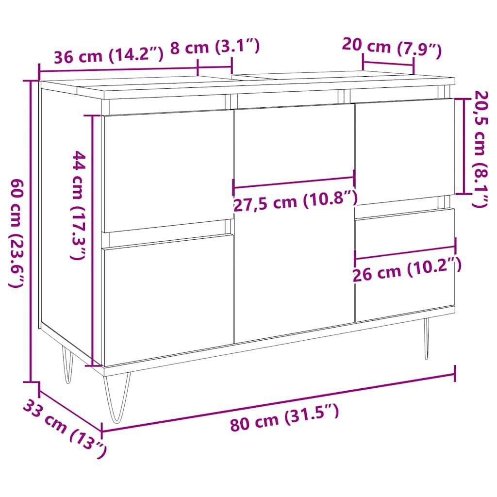 vidaXL Ντουλάπι μπάνιου Δρυς τεχνίτης 80x33x60 cm Κατασκευασμένο ξύλο