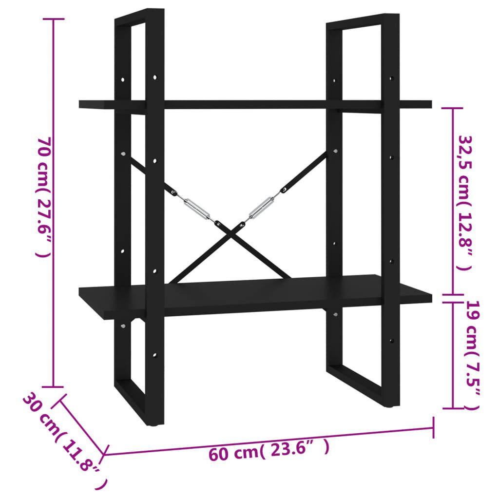 vidaXL Βιβλιοθήκη με 2 Ράφια Μαύρη 60 x 30 x 70 εκ. από Επεξ. Ξύλο