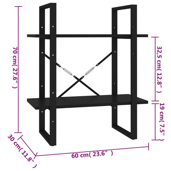 vidaXL Βιβλιοθήκη με 2 Ράφια Μαύρη 60 x 30 x 70 εκ. από Επεξ. Ξύλο