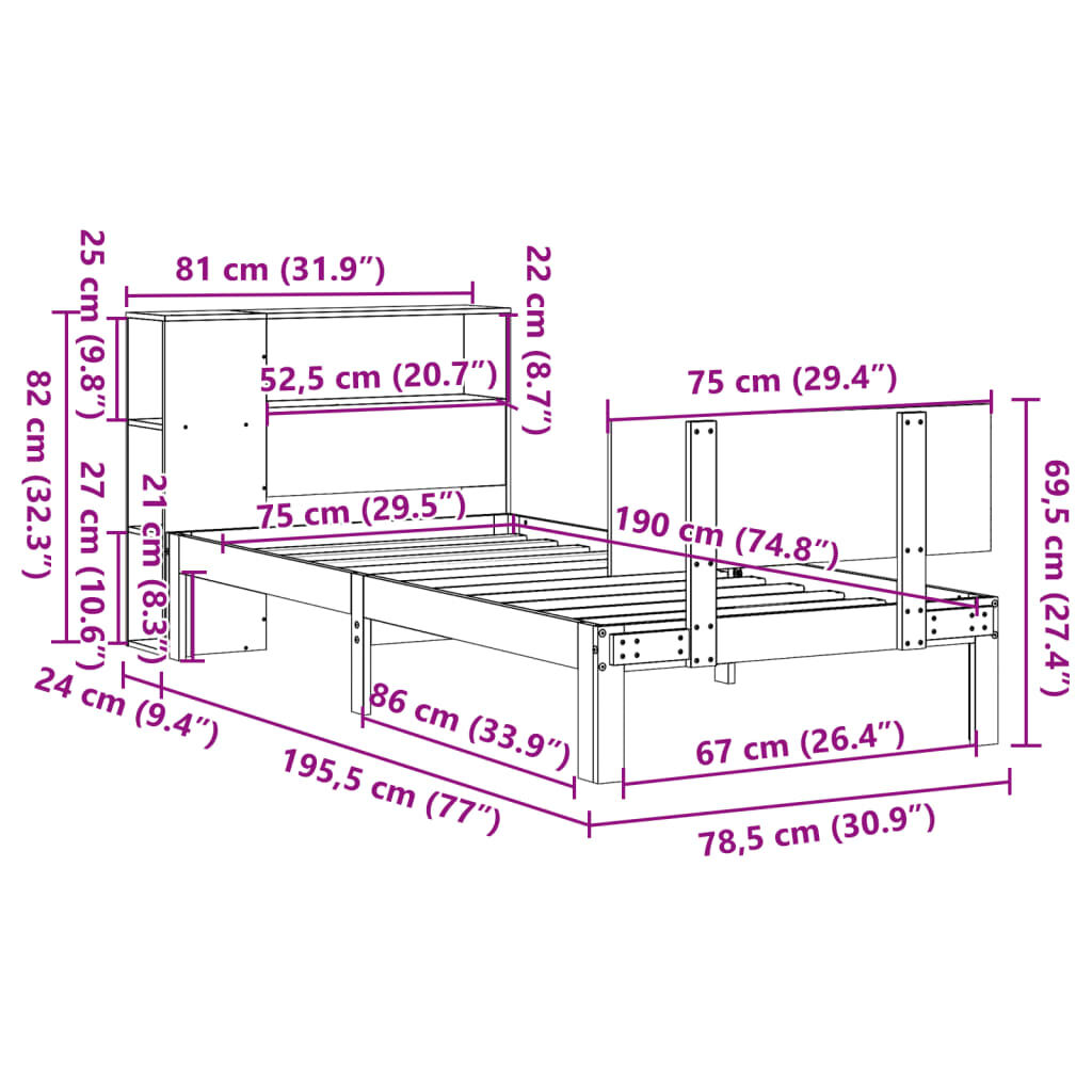 vidaXL Κρεβάτι Βιβλιοθήκη Χωρίς Στρώμα 75x190 εκ Μασίφ Ξύλο Πεύκο