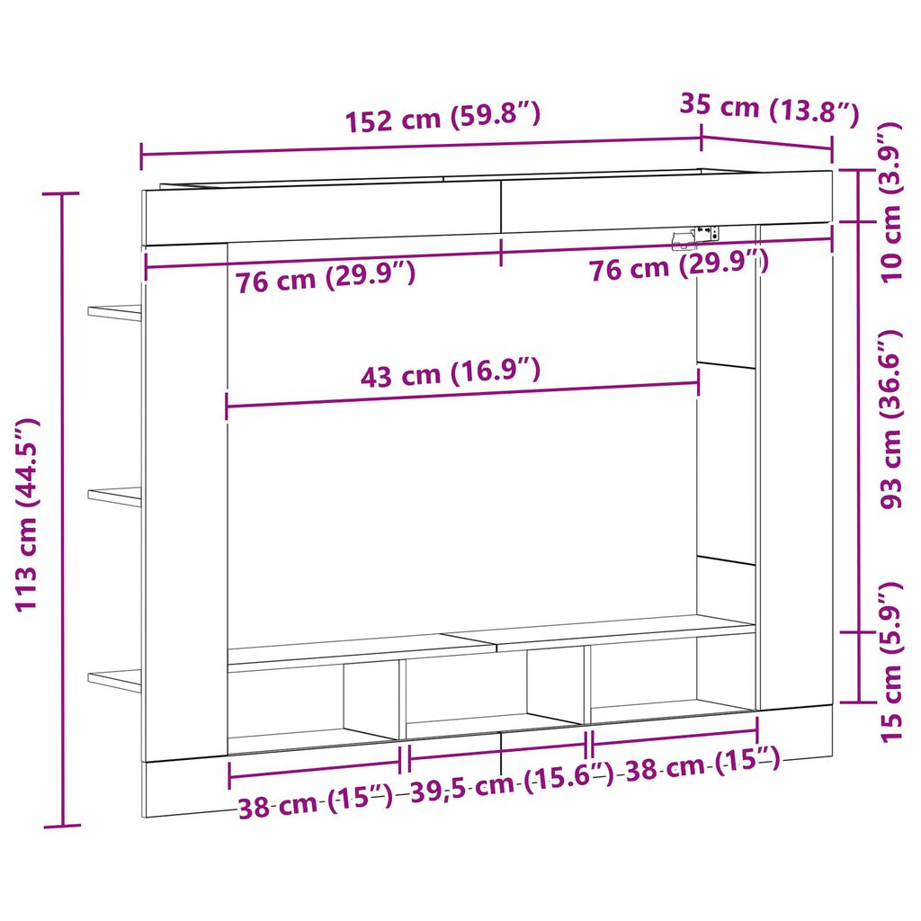 vidaXL Κονσόλα Τηλεόρασης Τοίχου Μαύρο Δρυς 152x22x113 εκ.