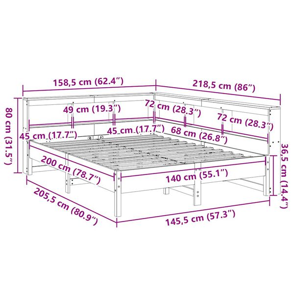 vidaXL Κρεβάτι Βιβλιοθήκη Χωρίς Στρώμα 140x200 εκ Μασίφ Ξύλο Πεύκο