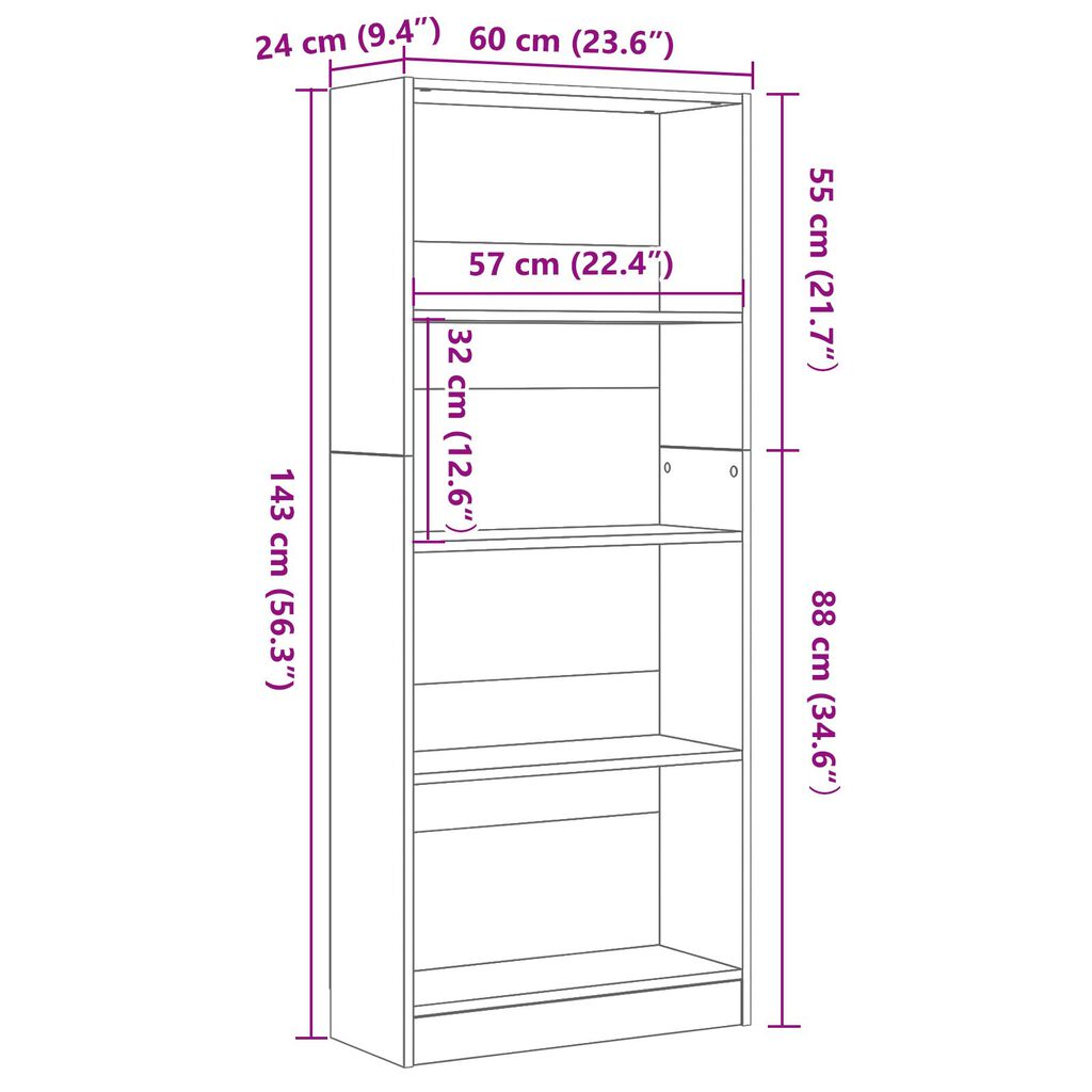 vidaXL Μαύρη Δρύινη Βιβλιοθήκη - 60 x 24 x 143 εκ - Κατασκευασμένη από Επεξεργασμένο Ξύλο