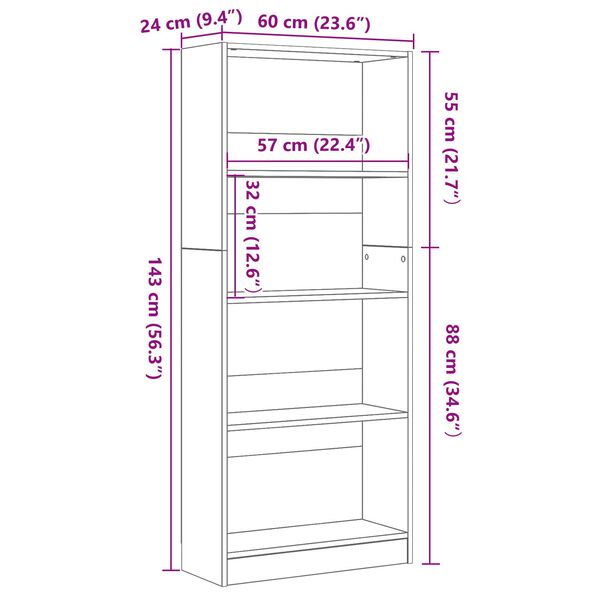 vidaXL Μαύρη Βιβλιοθήκη - 60 x 24 x 143 εκ. - Φτιαγμένη από Μηχανικά Ξύλα
