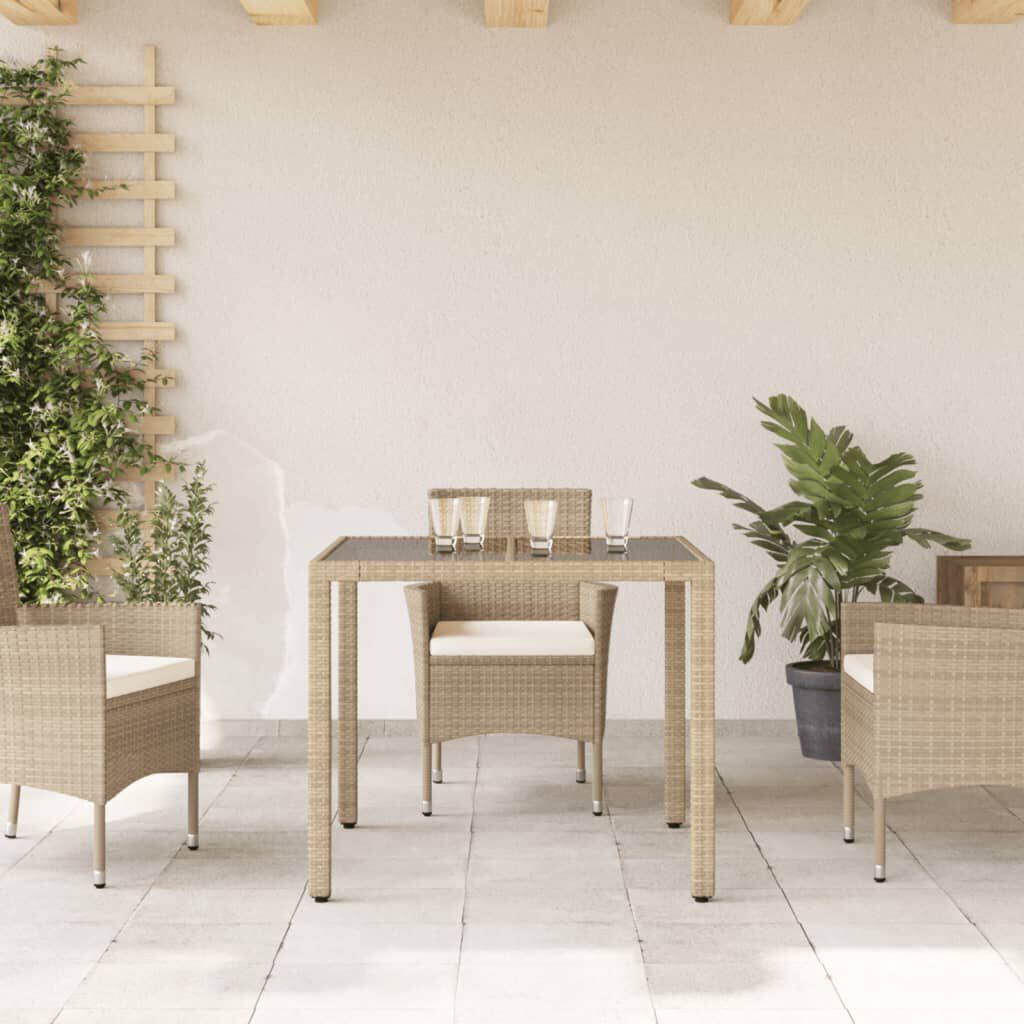 vidaXL Τραπέζι Κήπου Γυάλινη Επιφάνεια Μπεζ 90x90x75 εκ. Συνθ. Ρατάν