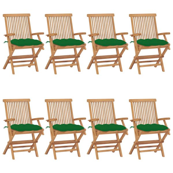 vidaXL Καρέκλες Κήπου 8 τεμ. Μασίφ Ξύλο Teak με Πράσινα Μαξιλάρια