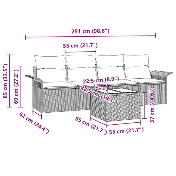 vidaXL Σετ Καναπέ Κήπου 5 pcs Ανοιχτό γκρι Πολυ ράταν