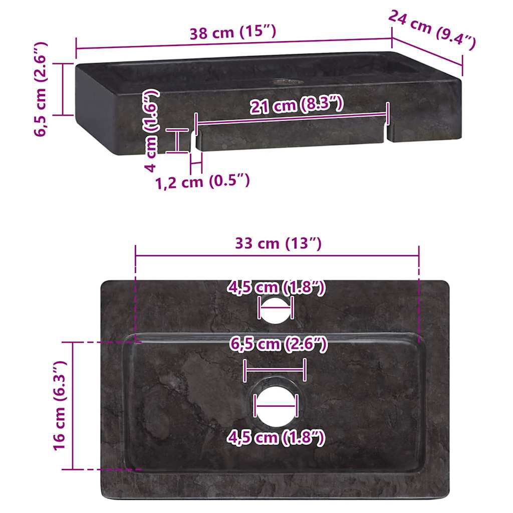 vidaXL Νιπτήρας Επιτοίχιος Μαύρος 38 x 24 x 6,5 εκ. Μαρμάρινος