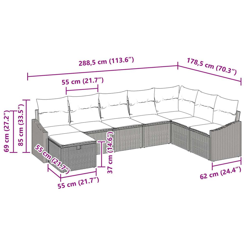 vidaXL Σετ Καναπέ Κήπου 8 pcs Μαύρο 55 x 62 x 69 εκ Πολυ ράταν