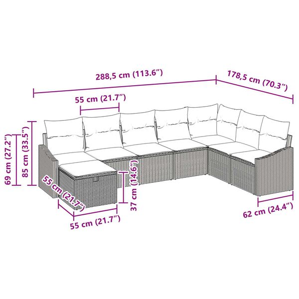 vidaXL Σετ Καναπέ Κήπου 8 pcs Μαύρο 55 x 62 x 69 εκ Πολυ ράταν