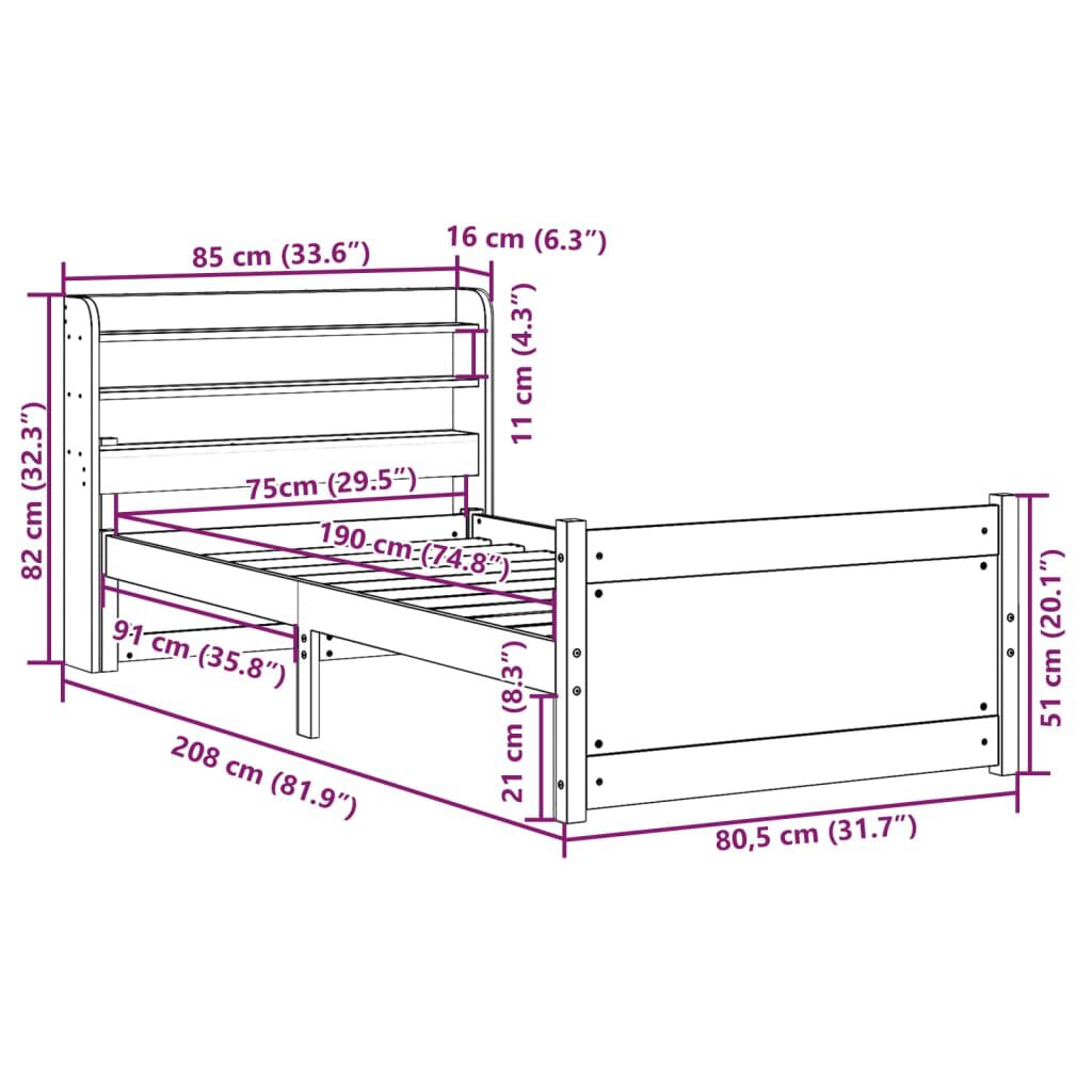 vidaXL Πλαίσιο Κρεβατιού Κεφαλάρι 75x190εκ. Μασίφ Πεύκο