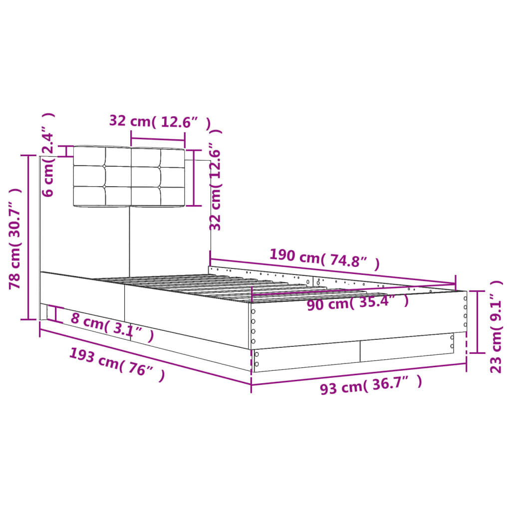 vidaXL Πλαίσιο Κρεβατιού με Κεφαλάρι/LED Λευκό 90 x 190 εκ.