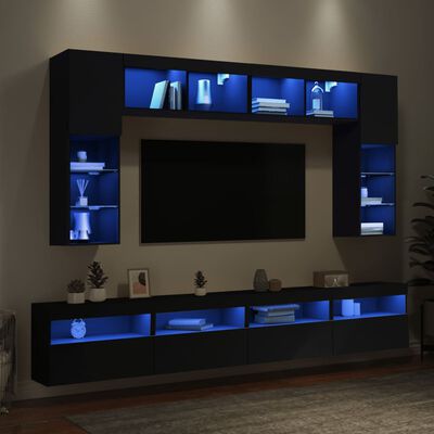 vidaXL Ντουλάπια Τηλεόρασης Τοίχου Σετ 8 Τεμαχίων με Φώτα LED Μαύρα