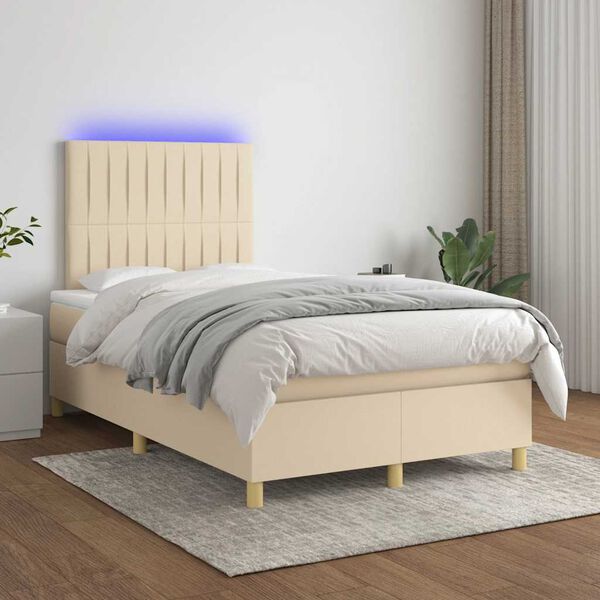 vidaXL Κρεβάτι Boxspring με Στρώμα & LED Κρεμ 120x190 εκ. Υφασμάτινο