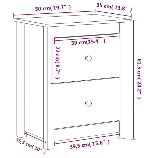 vidaXL Κομοδίνο Μαύρο 50 x 35 x 61,5 εκ. από Μασίφ Ξύλο Πεύκου