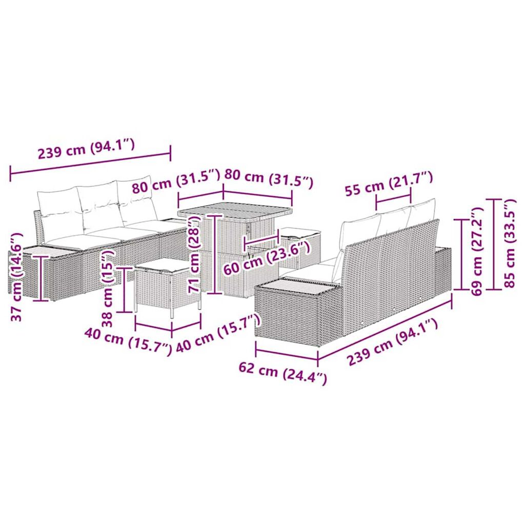 vidaXL Σετ Καναπέ Κήπου 9 pcs Μπέζ και Ανοιχτό Γκρι 80 x 80 x 71 cm